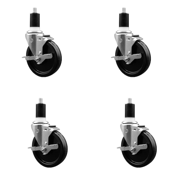 5'' SS Phenolic Swivel 1-1/2'' Expanding Stem Caster Set with Brake, 4PK